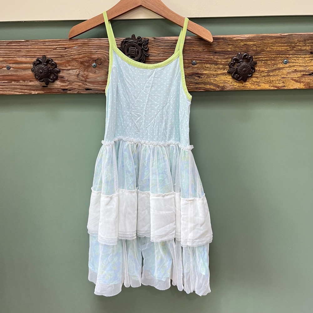 Matilda Jane Girls Blue Polka Dot Floral Tiered Mesh Sundress Size 8 D1730
